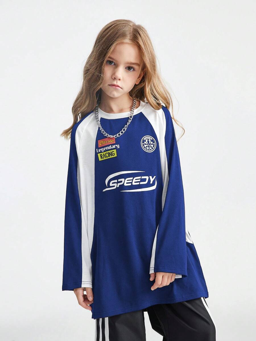 SHEIN Tween Girls Outono Preppy Streetwear Sportswear Blockcore Futebol Camiseta Grande Para Volta Às Aulas