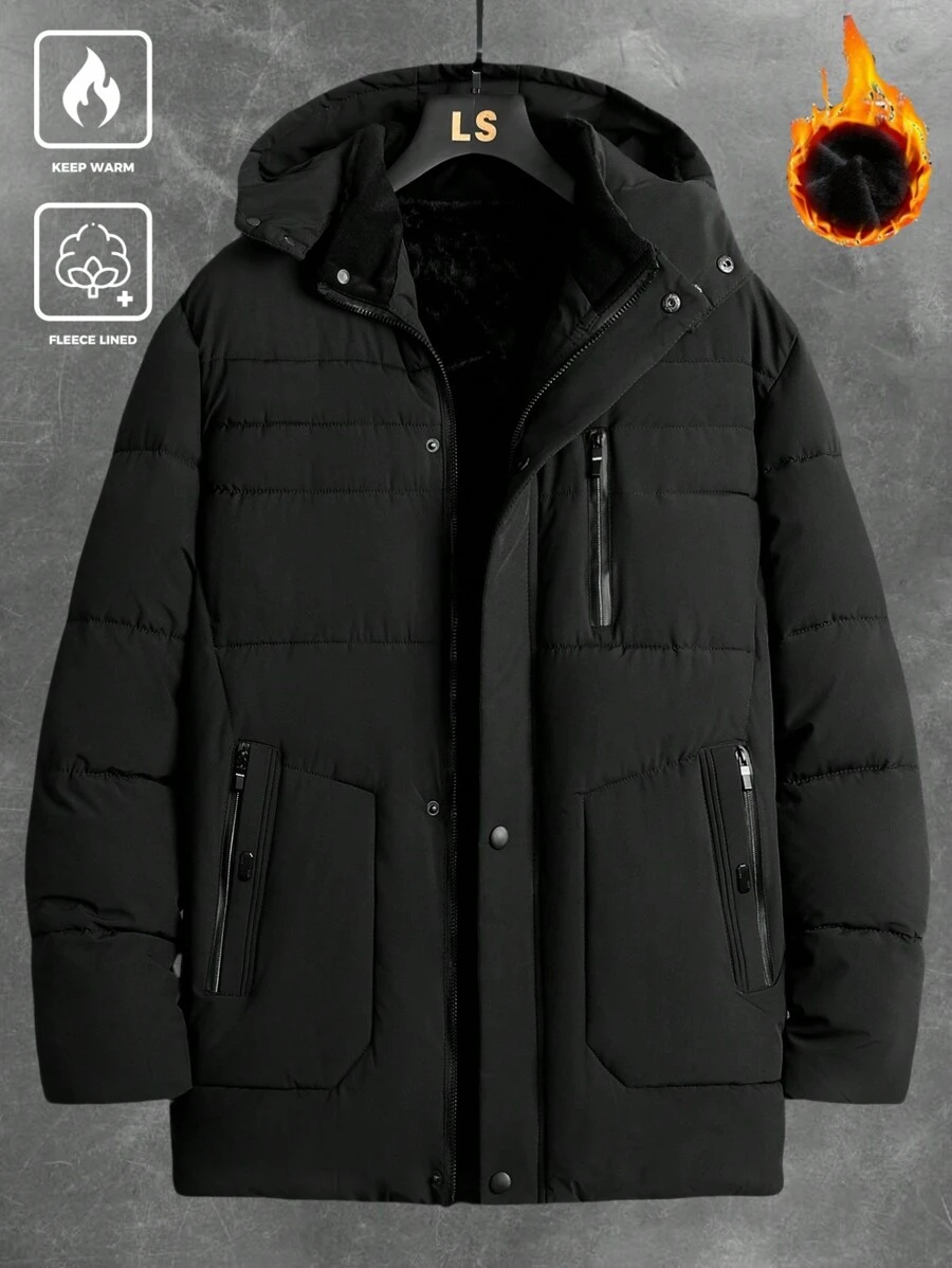 Manfinity Homme Plus Size Men's Solid Color Zip Front Casual Loose Hooded Padded Coat, Winter Work Bubble Coat Black Winter Coat, For Friends, Husband, Boyfriend Gifts, Men Winter Jacket, Men Outerwear, Mens Outerwear Coords