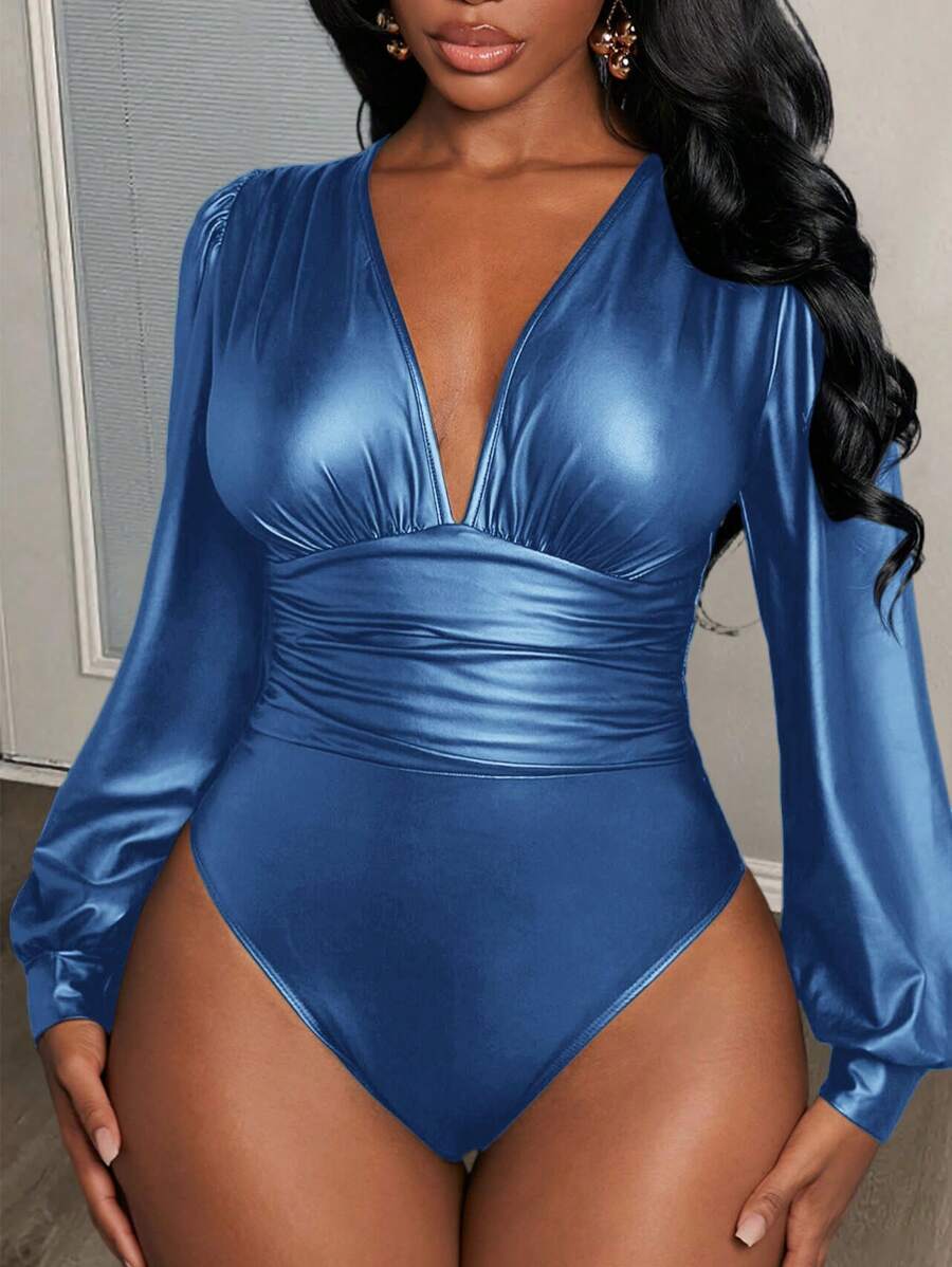 Slaydiva Elegant Deep V-Neck Bubble Sleeve & Waist Pleated Black Pu Coated Bodycon Bodysuit For Women