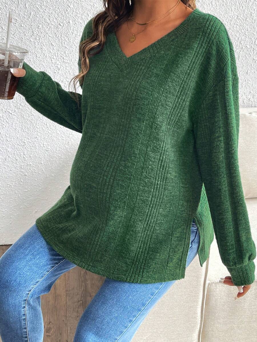 SHEIN Women Pregnant V-Neck Drop Shoulder Long Sleeve Stylish Slouchy Vibe All-Match T-Shirt, For Maternity