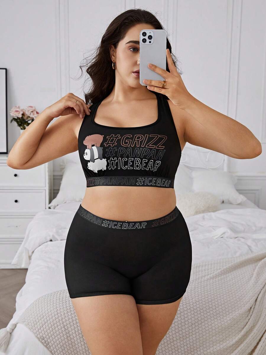 We Bare Bears X SHEIN Conjunto de sujetador estilo racer y pantie cuadrada con estampado de oso de dibujos animados para mujer talla grande