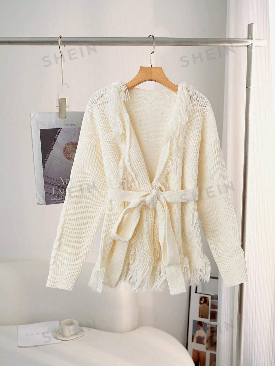 SHEIN Clasi Elegante cárdigan suelto con cuello en V, cintura con lazo y diseño con flecos para mujeres