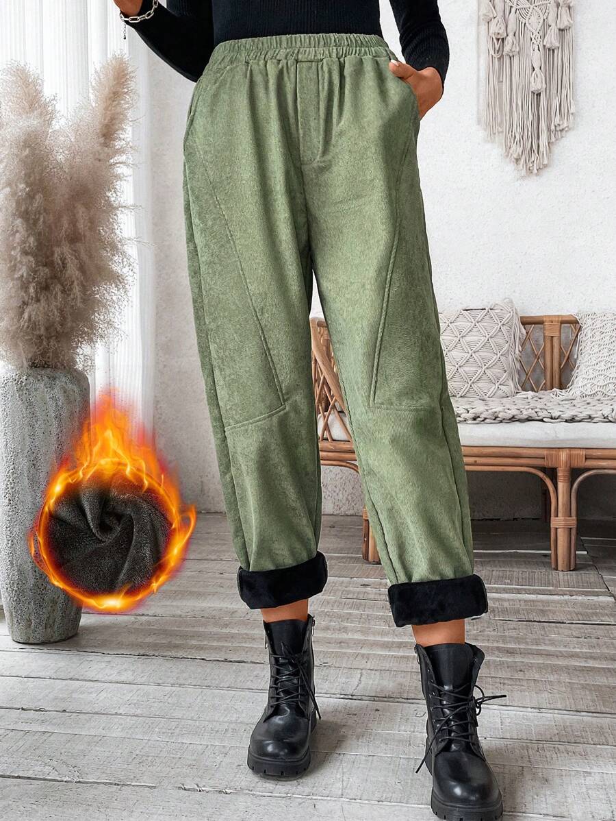 SHEIN LUNE Women's Elastic Waist Thermal Lined Pockets Splitting Design Trousers