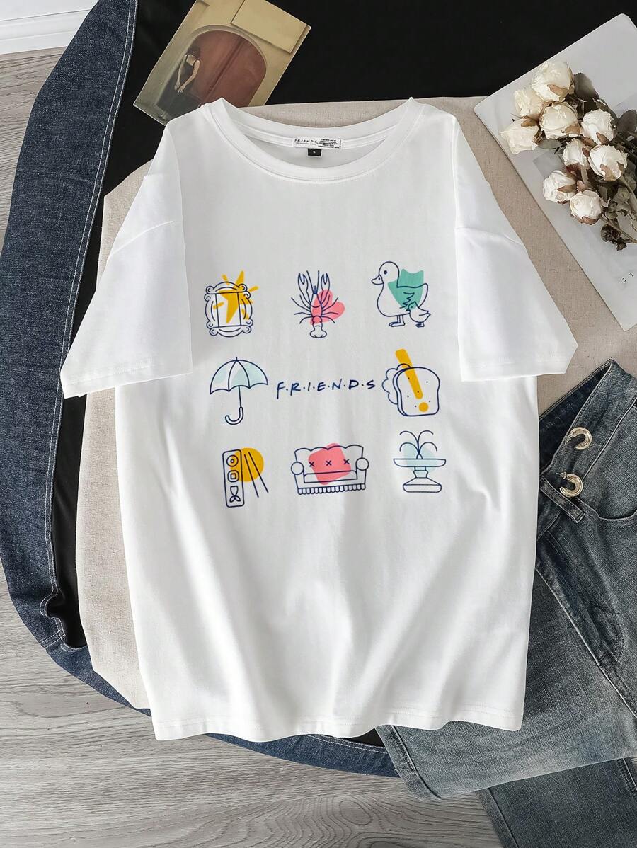 FRIENDS X SHEIN Women's Casual Loose Crew Neck Short Sleeve T-Shirt, Summer,Graphic Tee