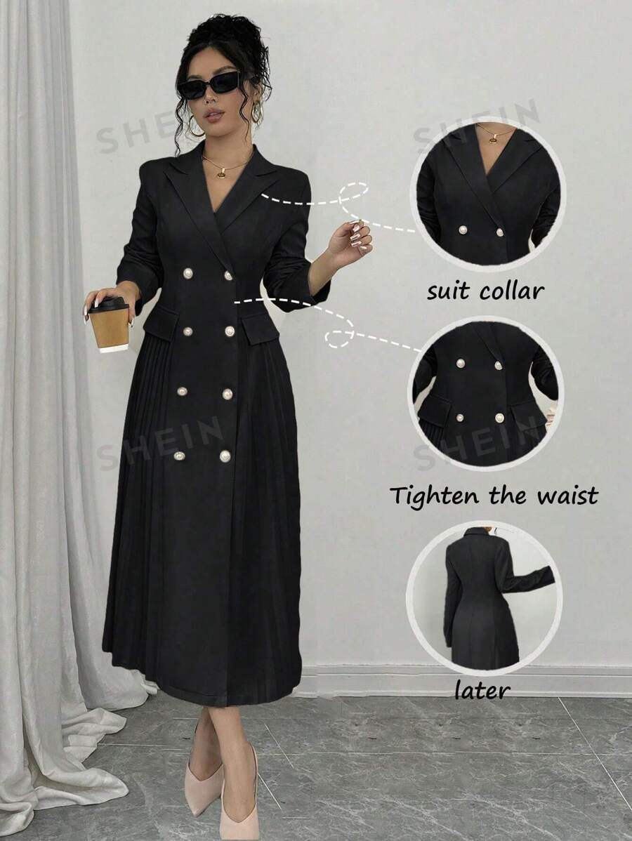 Elenzga Vestido largo con cuello de pie, manga larga y abotonado doble, de unicolor, vestimenta de otoño de largo maxi para mujeres