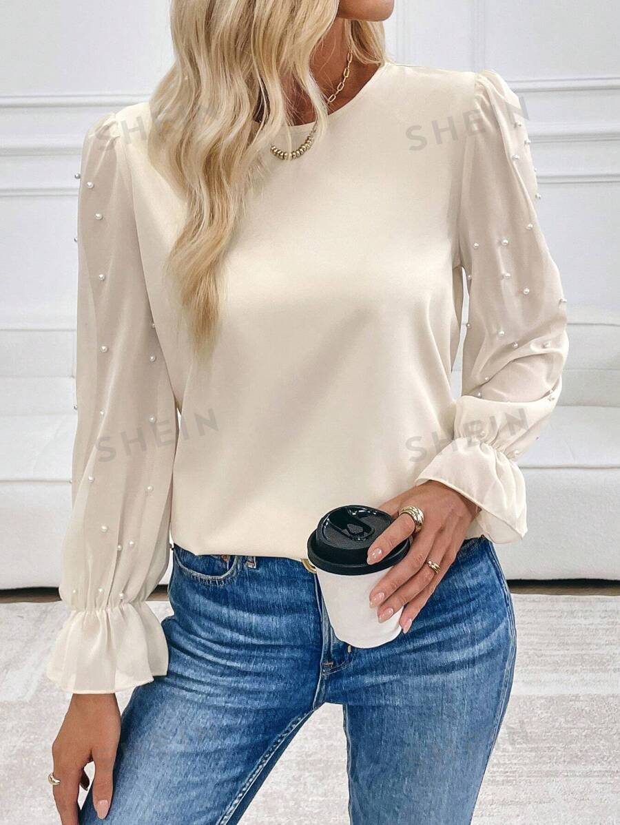 SHEIN Clasi Blusa elegante de manga larga con cuello redondo y unicolor con decoración de perlas falsas para otoño, blusas de manga larga