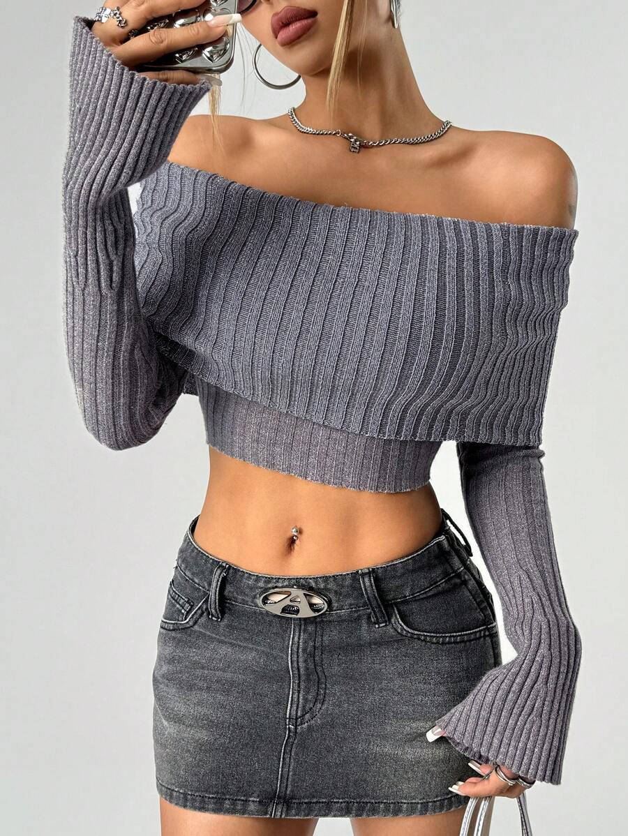 SHEIN ICON 1pc Women Fall Sweaters One-Shoulder Long Sleeve Cropped Slim-Fit Sweater, Solid Color, Autumn