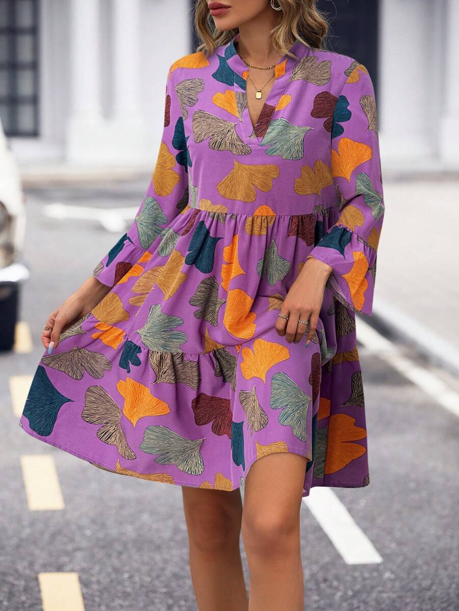 SHEIN LUNE Autumn Casual Ginkgo Leaf Print Off-Shoulder Bell Sleeve Dress