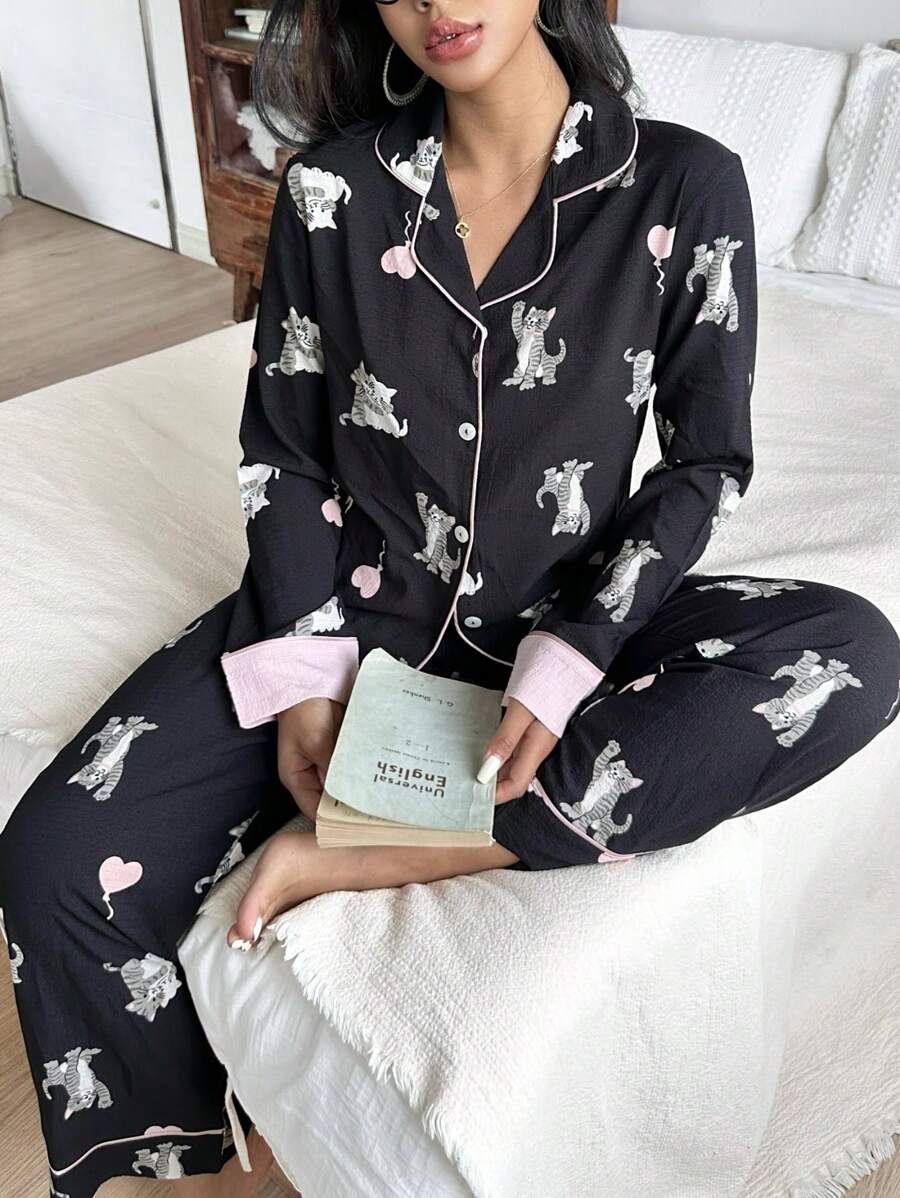 SweetSlumber Conjunto de pijama de verano de top y pantalones con estampado de gato y ribete en bloque de color, cómodo y casual para mujeres