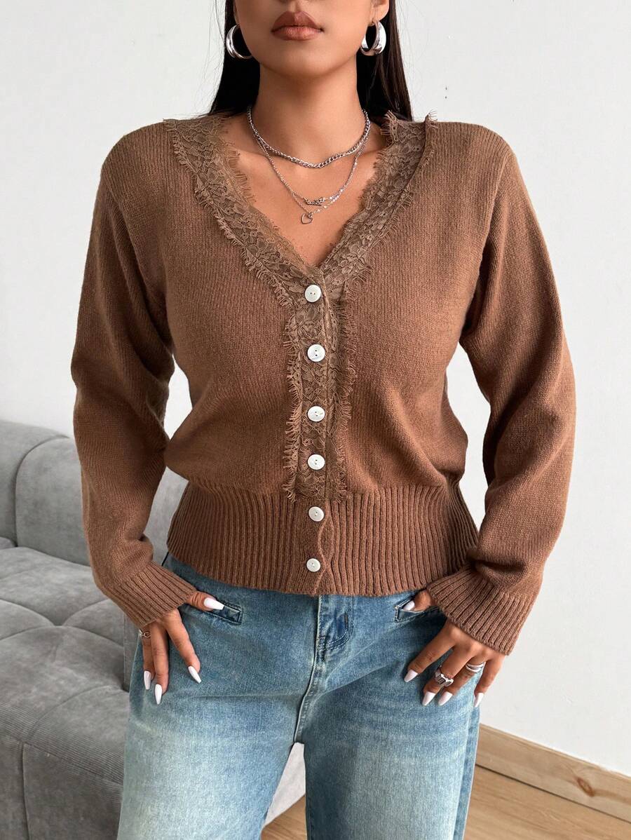Calvaya Plus Size Plain Color Lace Patchwork Front Button Long Sleeve Minimalist Blouse