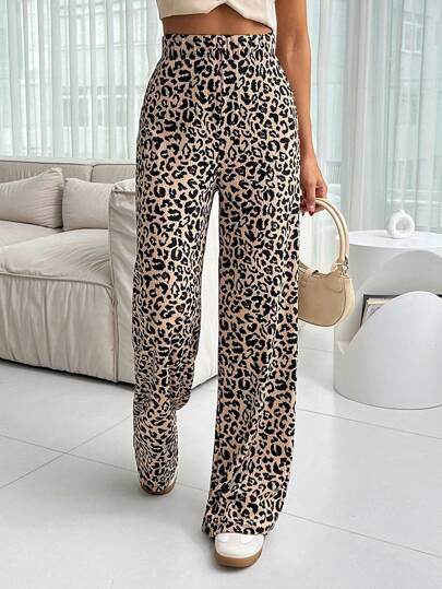 RueChic Women Casual Leopart Print Wide Leg Pants