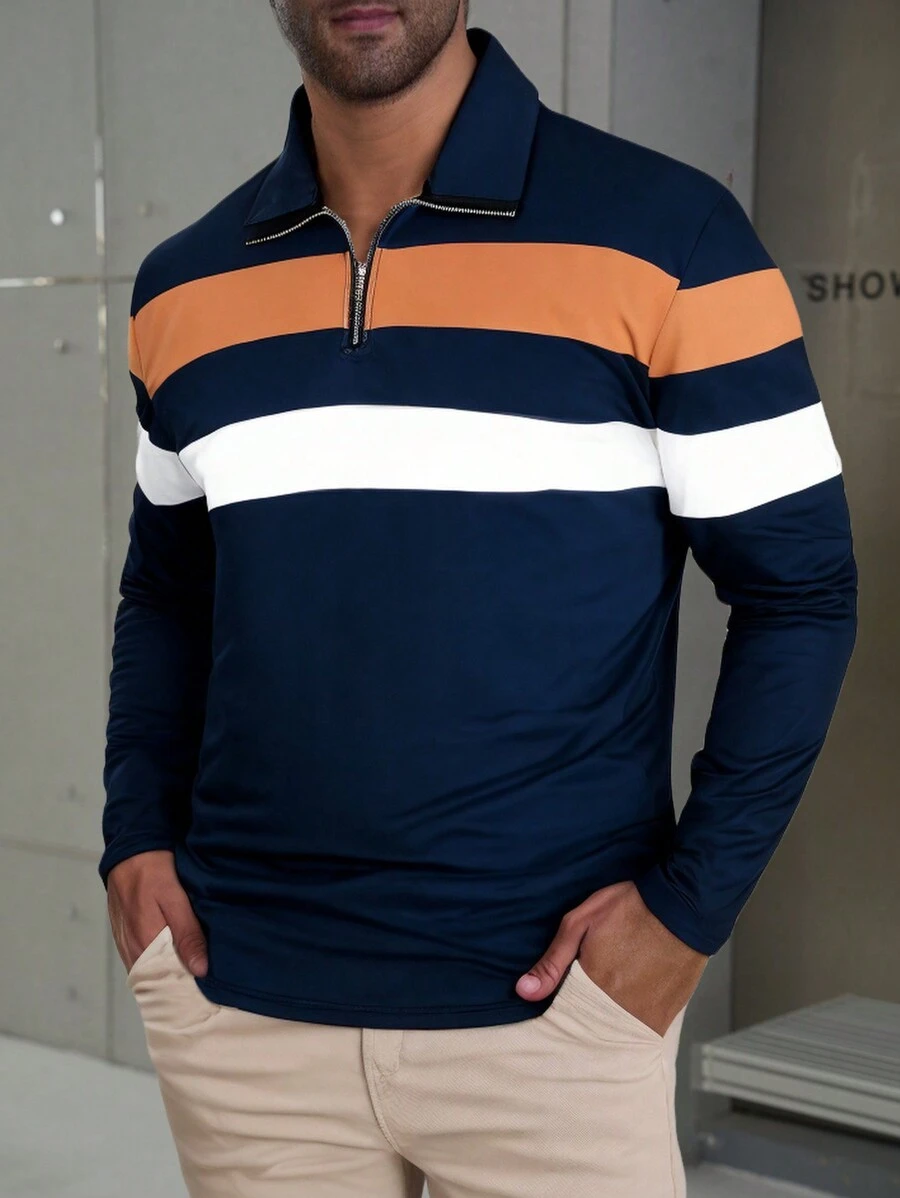 Manfinity Homme Plus Size Heren Casual Gestreept Colorblock Half-Zip Lange Mouw Poloshirt, Uitgaan