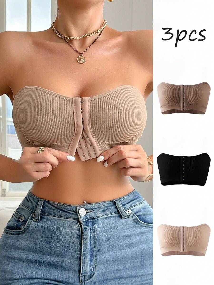 Set de 3 Sujetadores con cierre delantero, de estilo casual, de rayas y de tela transparente