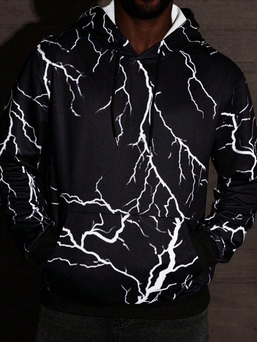 Manfinity LEGND Men's Plus Size Casual Lightning Print Hooded Sweatshirt, Spring & Autumn