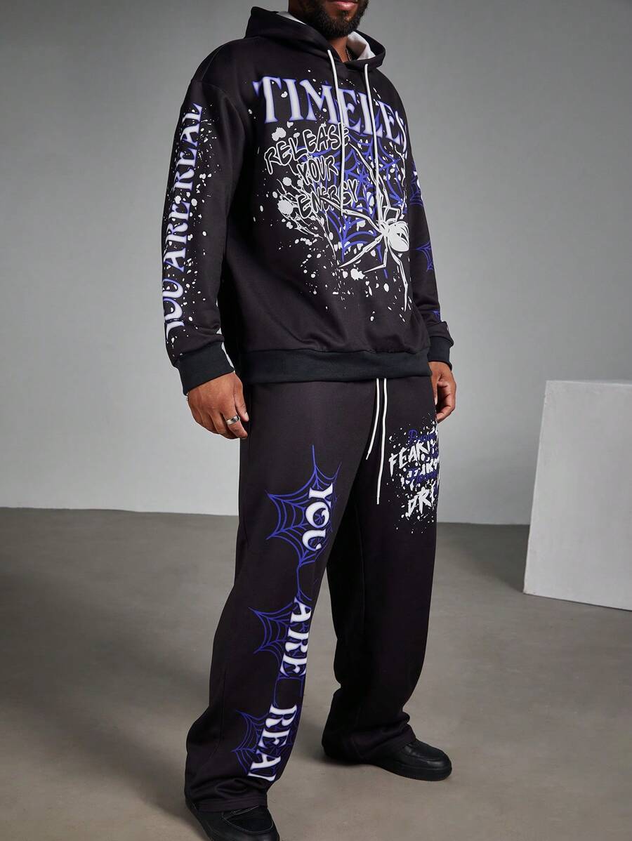 Manfinity LEGND Conjunto de 2 piezas de talla grande para hombre, de uso diario y casual, con sudadera con capucha y cordón estampada con letras y pantalón de chándal
