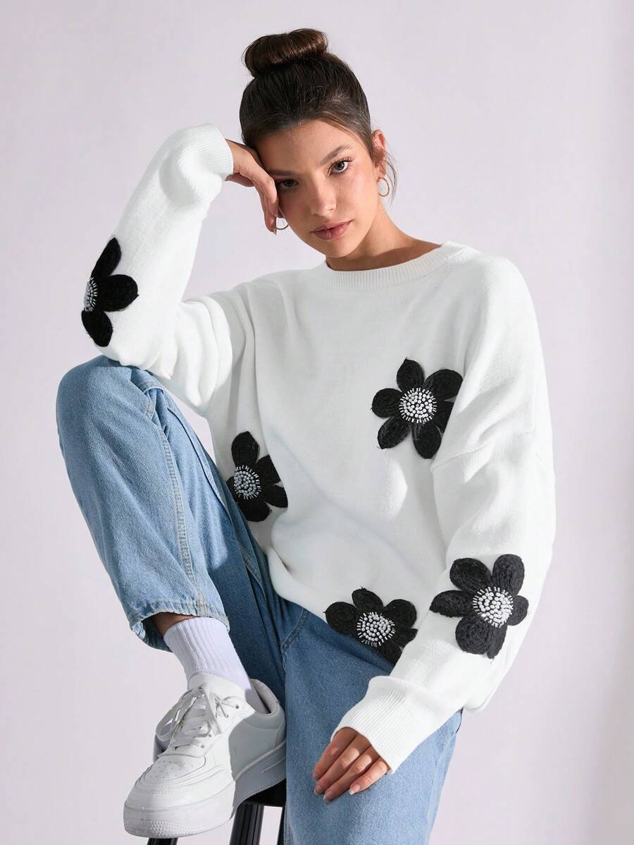 SHEIN PETITE WOMEN DIAMOND DETAIL FLORAL PATTERN CASUAL SWEATER