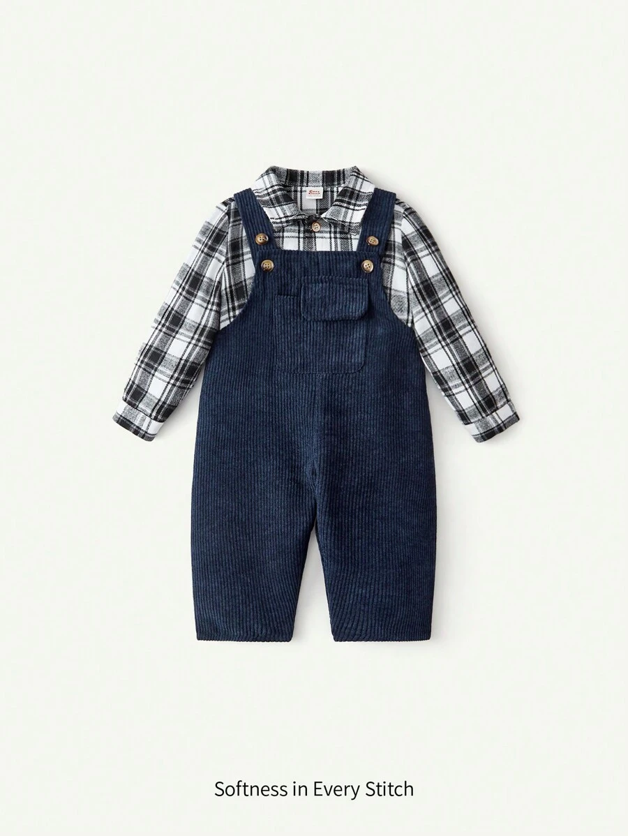 Cozy Pixies 2pcs Baby Boy Houndstooth Collar Long Sleeve Cardigan And Bib Pants Set , Baby Boy Clothes