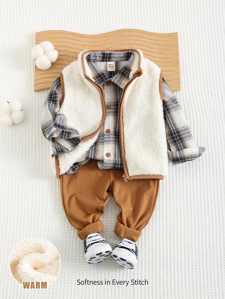 Cozy Pixies 3-delige babyjongensset: geruit revers lange mouwen overhemd met knoopjes, contrasterende kleur mouwloos dik vest en elastische taillebroek