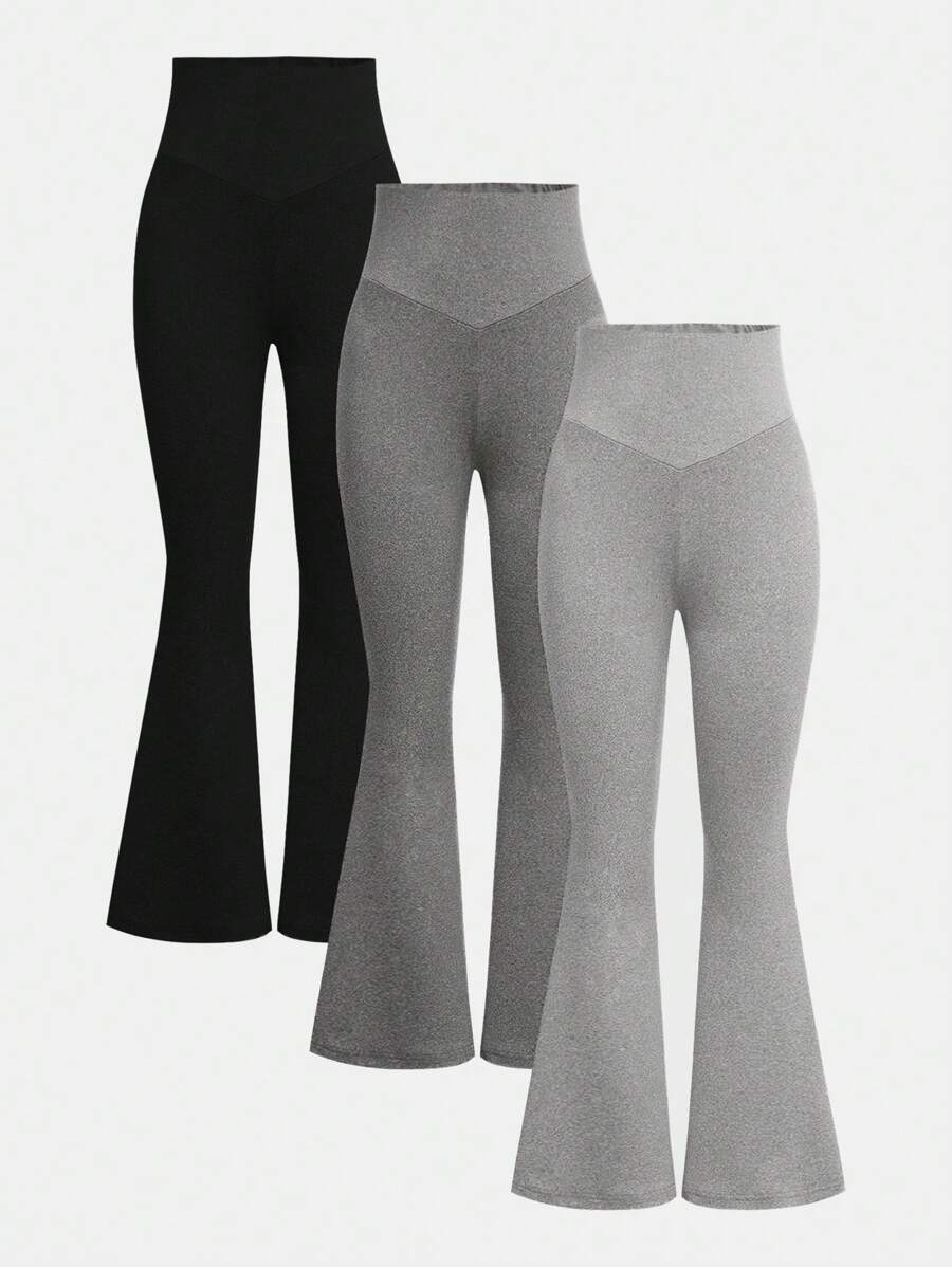 SHEIN Set 3 piese: pantaloni evazați cu decolteu în V, eleganti, pentru fete adolescente, versatili și practici, combinație în 3 culori