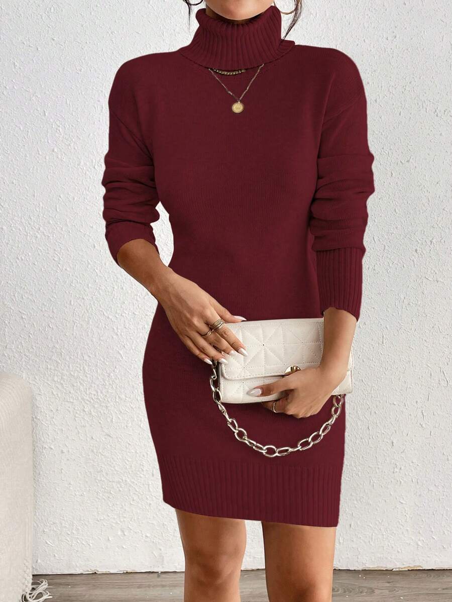 Chiquease Women Simple Solid High Neck Drop Shoulder Loose Fit Sweater Dress