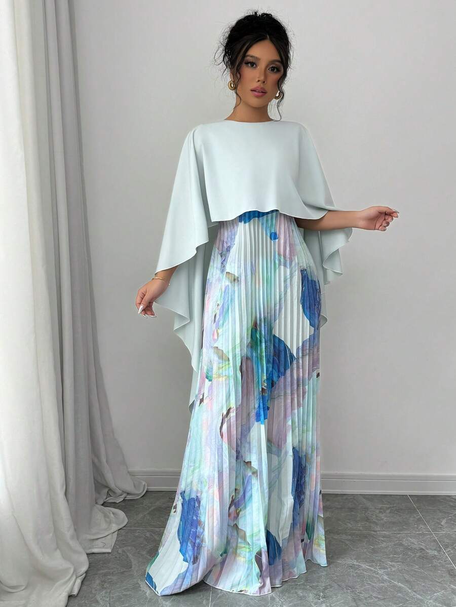 Elenzga Vestido maxi elegante y romántico con estampado de parches y ruedo plisado para mujer