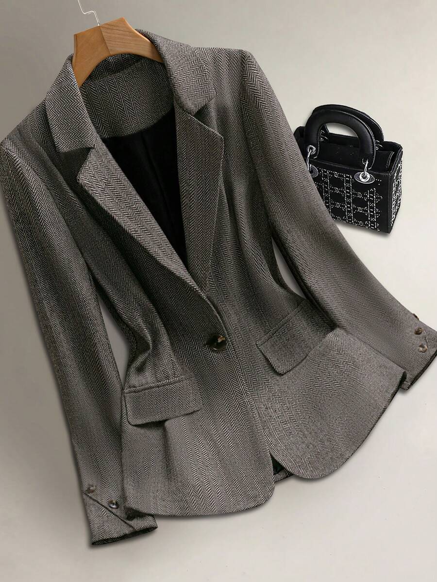 Calvaya 1pc Women Houndstooth Pattern Single-Breasted Notched Lapel Coat