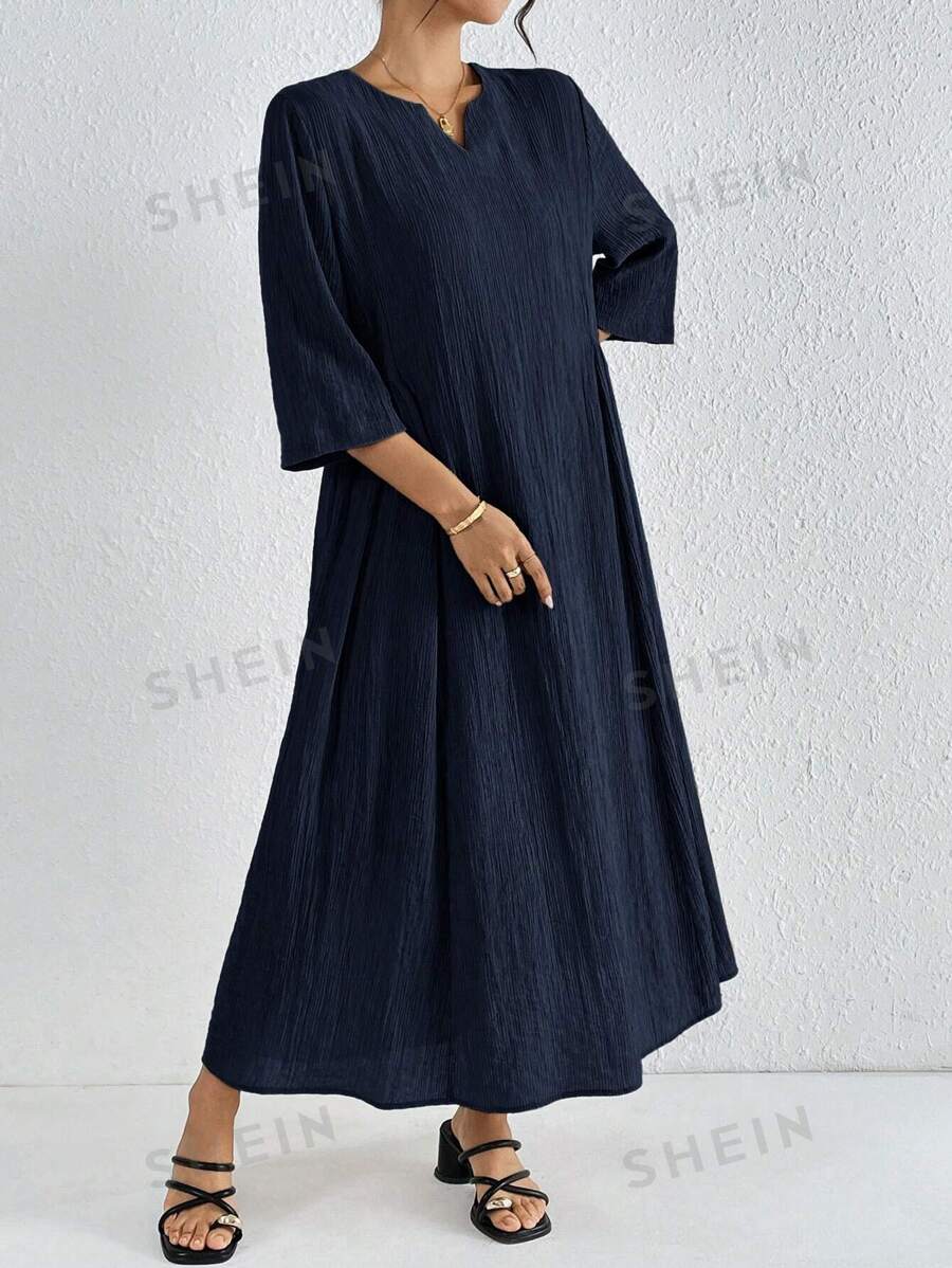 Mulvari Vestido casual largo de mujer, con cuello en V, mangas a media altura y diseño sencillo