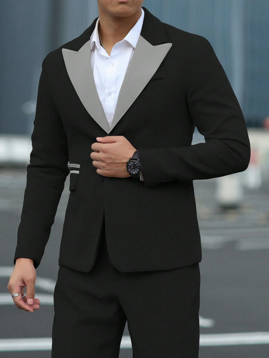 Manfinity Mode 2pcs/Set Men's Contrast Color Collar Jacket And Pants Suit