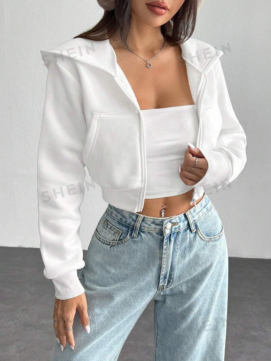SHEIN PETITE Jachetă minimalistă cu glugă pentru femei, cu fermoar în față, cu mânecă lungă, buzunare, îmbrăcăminte zilnică ocazională, topuri cu mânecă lungă
