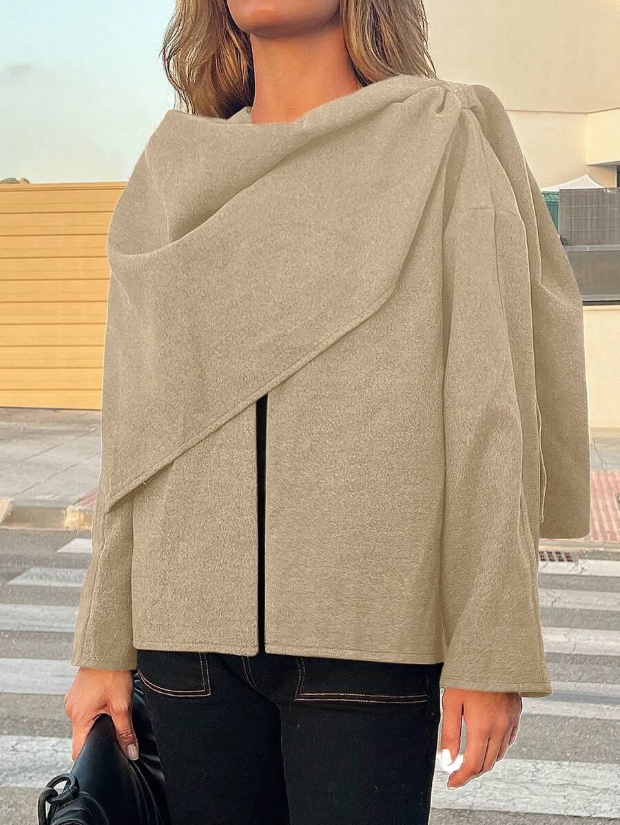 SHEIN Essnce 2024 Herbst Damen Flughafen Mode lässige, weite, vielseitige schwarze Woll-Jacke Design Einteiliges Schal kurze Strickjacke Winter warme Woll-Jacke
