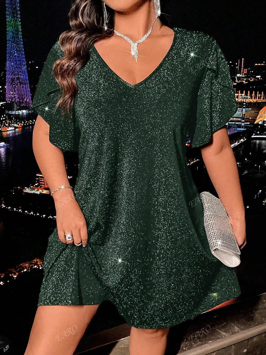 Plus Size Women Elegant V-Neck Petal Sleeve Glitter Mini Dress, Summer
