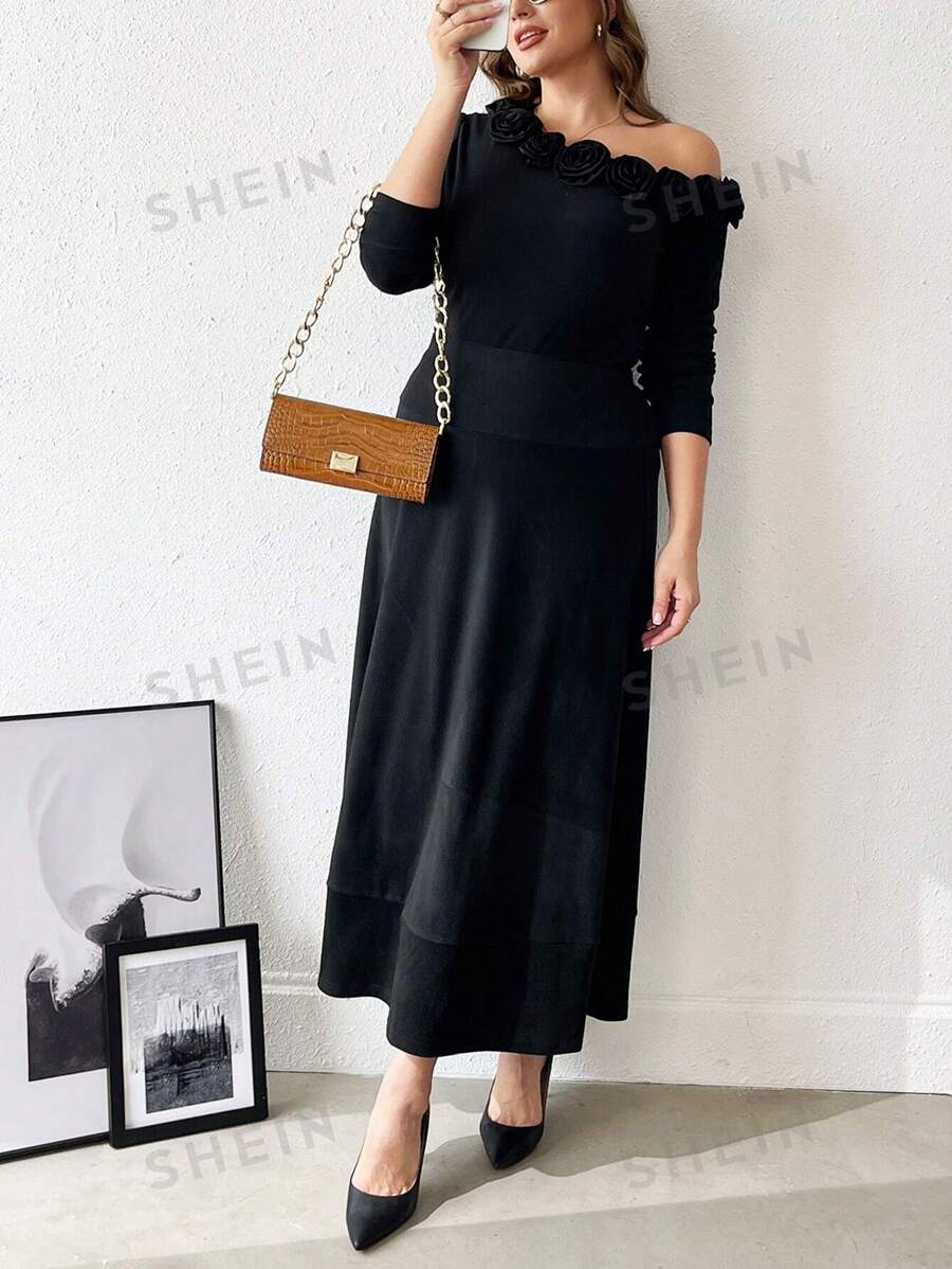 SHEIN Clasi Set de 2 vestidos asimétricos de punto liso y floral para mujer de talla grande, elegantes para el otoño