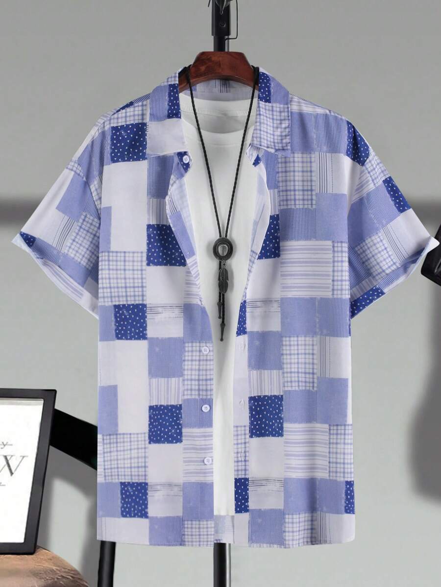 Manfinity Homme Camisa de manga corta de hombres de talla grande con parches a cuadros