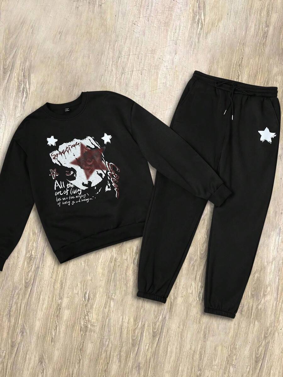 Manfinity EMRG Men 2pcs Set Casual Letter Print Sweatshirt And Front Tie Pants Outfit