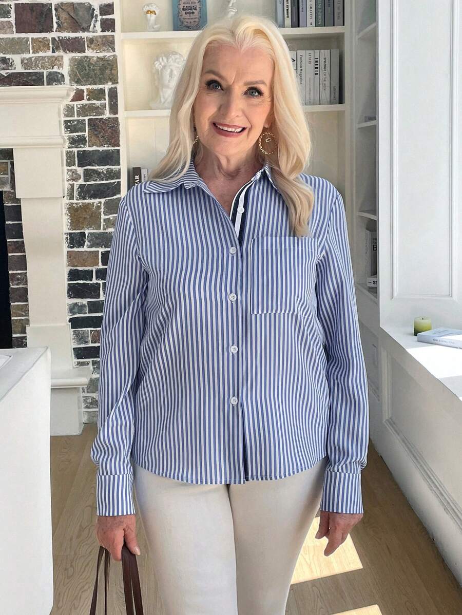 EMERY ROSE Classic Webbing Decor Striped Long Sleeve Women Shirt