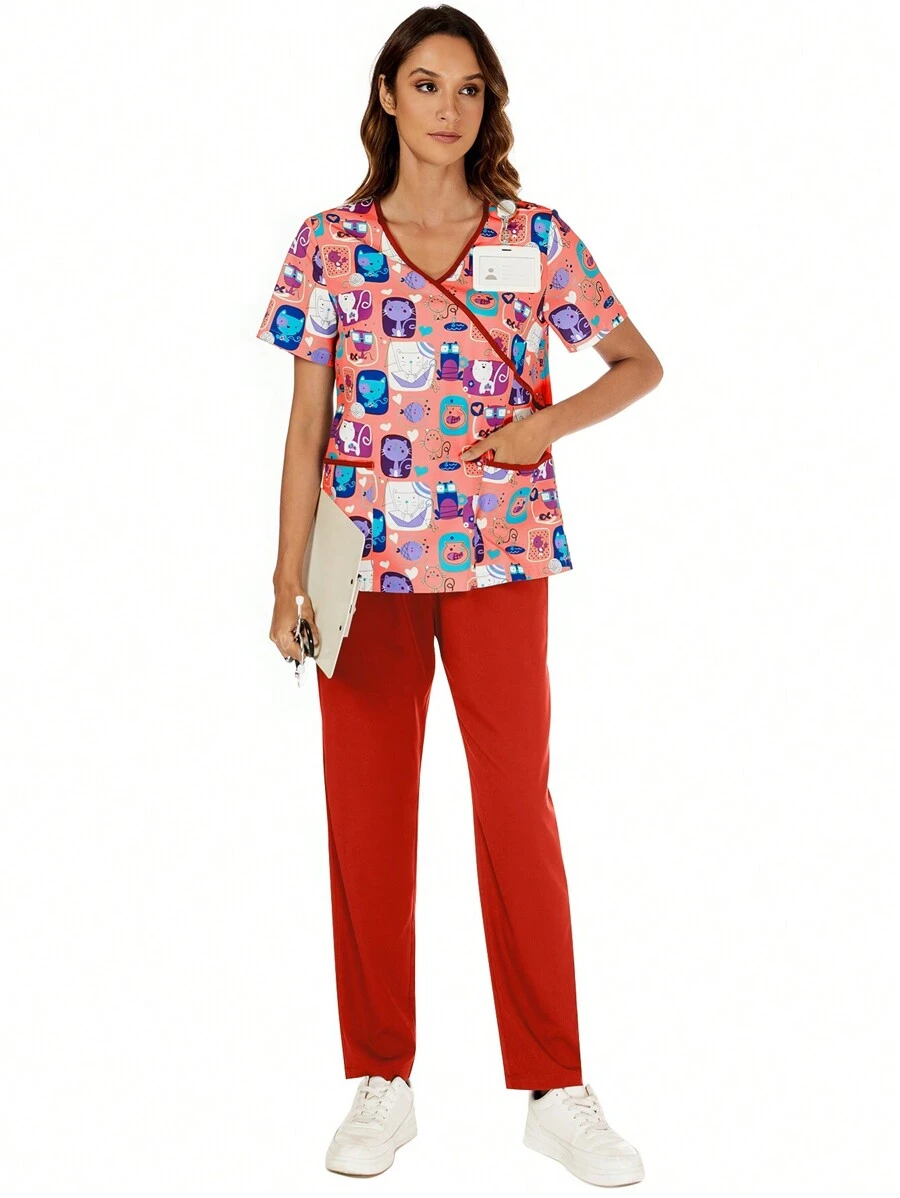 Printed Contrast V-Neck Pocket Top And Solid Color Elastic Waist Pants Scrub Set