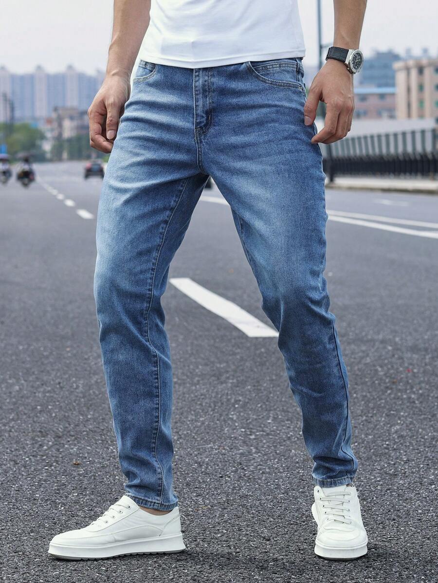 Manfinity Homme Men's Pocket Detail Skinny Casual Jeans, Plain Dark Blue Slim Fit Long Dark Wash Jeans Washed Cargo Jeans, For Husband, Boyfriend Gifts Going Out Hang Out Commute Street Party