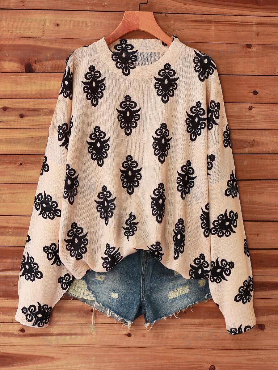 SHEIN LUNE Jersey de punto de unicolor estampado regular y casual para mujer, adecuado para Halloween, Año Nuevo, Día de San Valentín, Acción de Gracias, Navidad, Pascua, feriados nacionales, fiestas, Nochevieja, tallas grandes, otoño/invierno