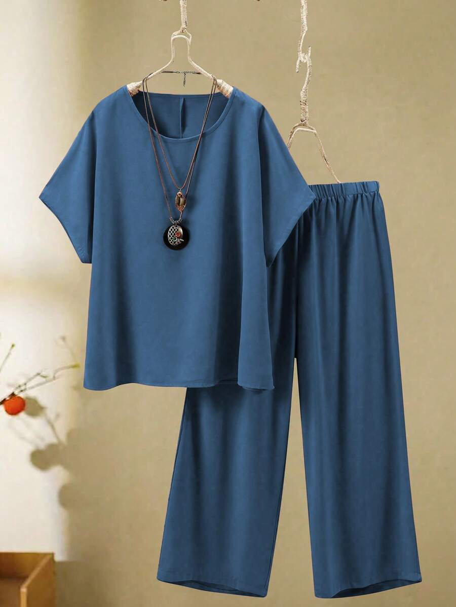 EMERY ROSE 2 pezzi/set, taglie comode, completo casual composto da top a maniche corte a girocollo monocromatico e pantaloni lunghi con vita elasticizzata
