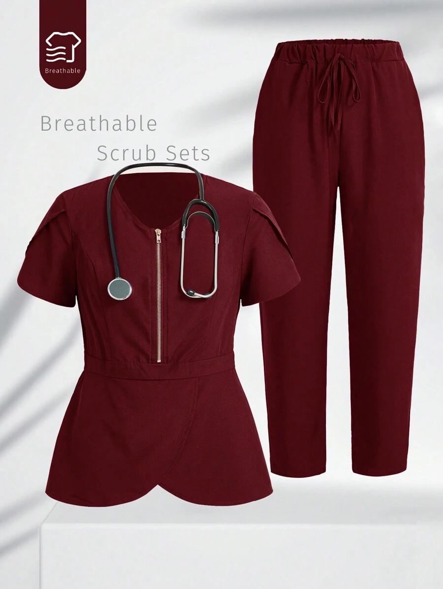 TaskEZ Burgundy Red Short-Sleeved Top And Pants Scrub Uniform Sets
