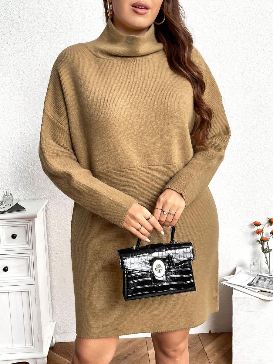 SHEIN LUNE Plus Size Casual Daily Simple Solid Turtleneck Loose Knit Sweater Dress, For Autumn/Winter