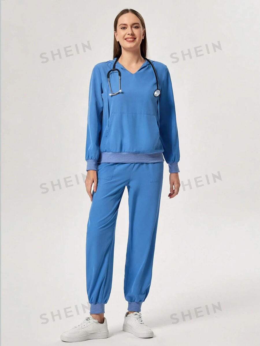TaskEZ Conjunto de uniforme de pijama médico con parte superior de manga larga con capucha con cordón y pantalones con bolsillos