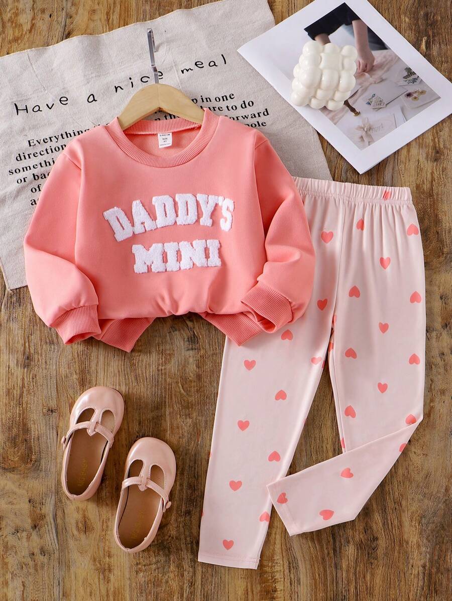 Young Girl Pink & Orange Classic Long Sleeve Sweatshirt With "DADDYS MINI" Embroidered Towel Fabric, Knitted Heart Print Pants, Comfortable Autumn Outfit