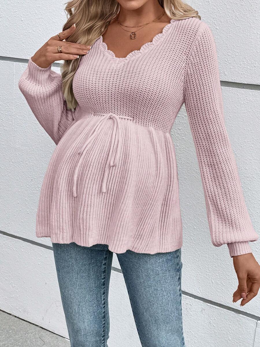 SHEIN Maternity Casual Ruffle Collar Lantern Sleeve Bowknot Waist Sweater, For Winter