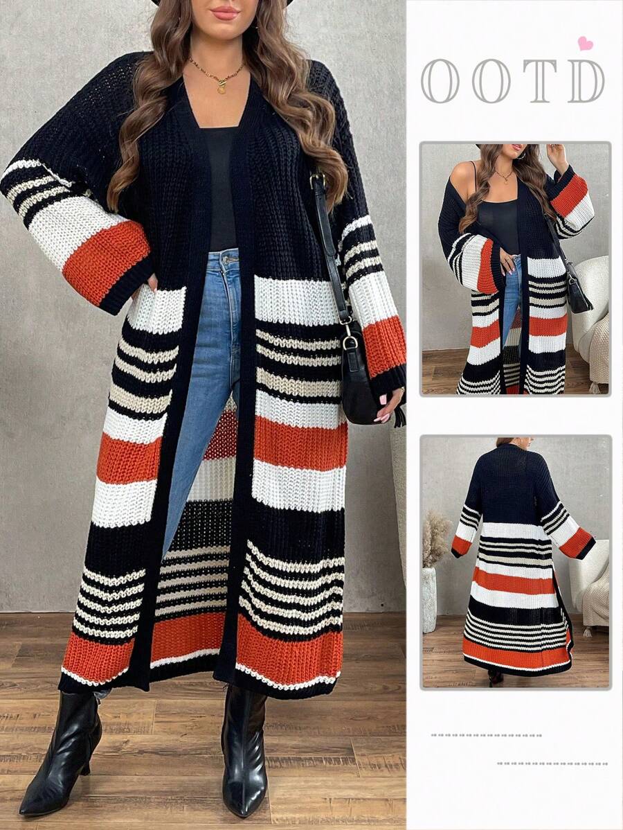SHEIN LUNE Plus Size Contrast Color Striped Print Casual Long Sleeve Knit Cardigan