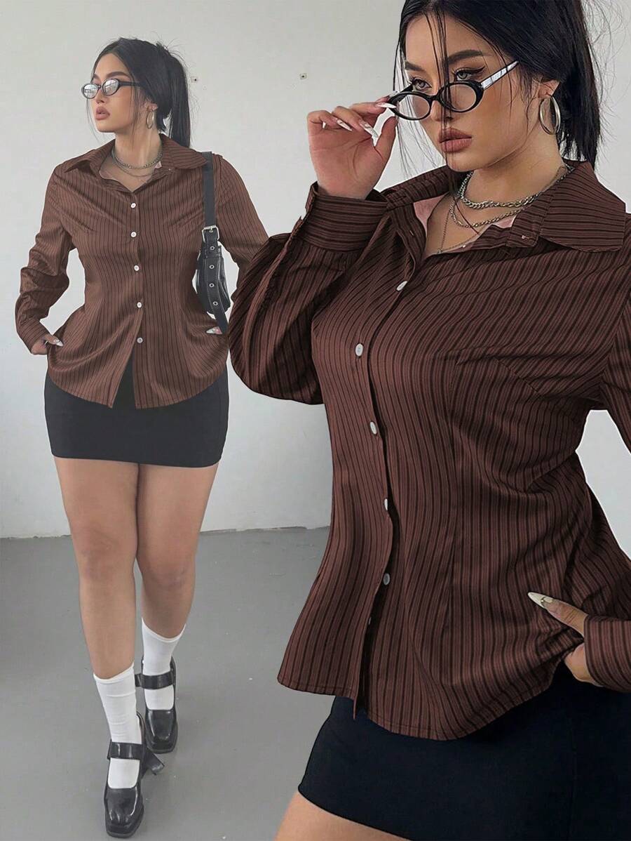 Flirla Camisa estriada con botones delantera casual básica para otoño, talla grande