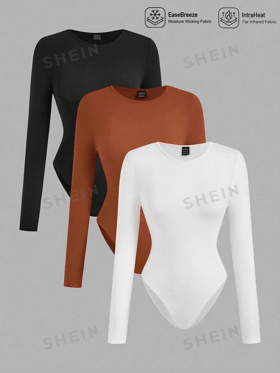 SHEIN EZwear Ropa interior térmica ajustada con función de transporte de humedad y retención de calor, cuello redondo de manga larga, estilo versátil para otoño/invierno