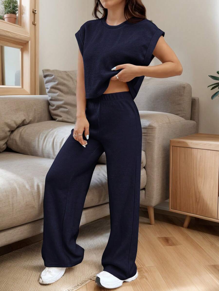 SHEIN EZwear Deep Blue Knit Casual Women Loose Suit