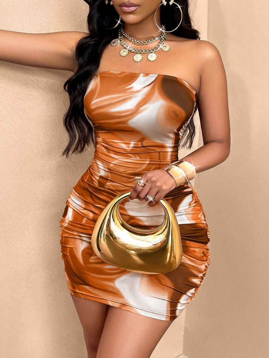 SOLERSUN Marble Print Tube Bodycon Party Dress (Random Floral Pattern) For Women