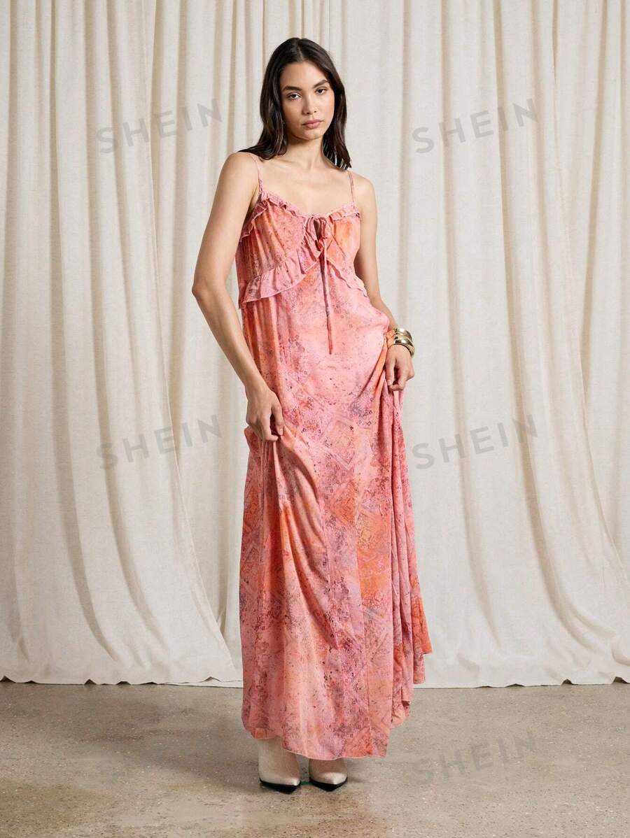 AiiRZ Vestido largo con estampado bohemio, tirantes de espagueti, sin mangas, detalle de volantes y nudo delantero
